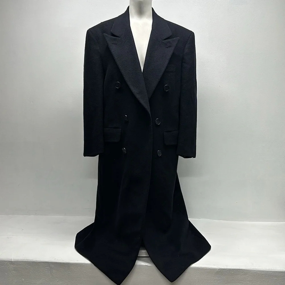 Burberry Trench Coat Cashmere Wool Blend Button Down Navy Blue Vintage Large *